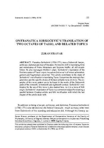 On Franatica Sorkočević's translation of two octaves of Tasso, and related topics / Zoran Kravar