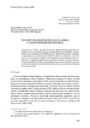 Struktura rječničkoga članka u sinonimnim rječnicima / Bernardina Petrović