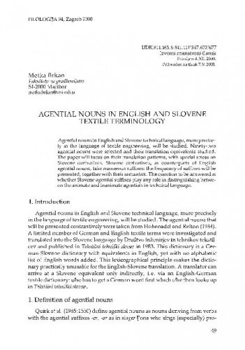 Agential nouns in English and Slovene textile terminology / Metka Brkan