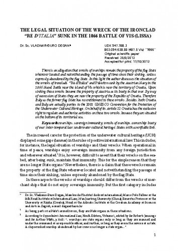 The legal situation of the wreck of the ironclad ''Re d'Italia'' sunk in the 1866 Battle of Vis (Lissa) / Vladimir-Đuro Degan