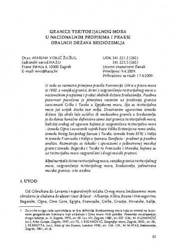 Granice teritorijalnog mora u nacionalnim propisima i praksi obalnih država Sredozemlja / Marina Vokić Žužul