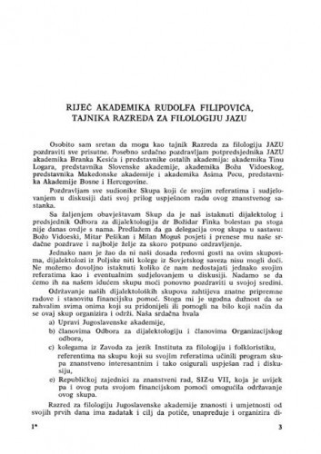 Riječ akademika Rudolfa Filipovića, tajnika Razreda za filologiju JAZU / Rudolf Filipović