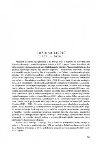 Božidar Ličćić (1929.-2020.) : [nekrolog] / Tomislav Filetin, Ignac Lovrek