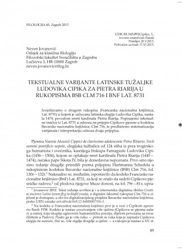 Tekstualne varijante latinske tužaljke Ludovika Cipika za Pietra Riarija u rukopisima BSB Clm 716 i BnF Lat. 8731 / Neven Jovanović