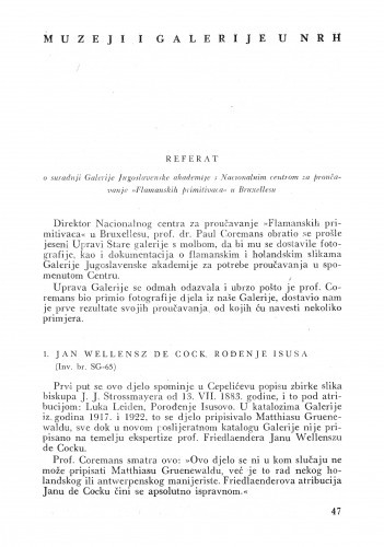 Referat o suradnji Galerije Jugoslavenske akademije s Nacionalnim centrom za proučavanje "Flamanskih primitivaca" u Bruxellesu / Ivy Kugli