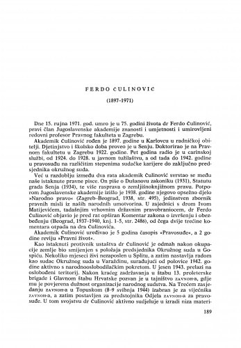 Ferdo Čulinović (1897-1971) : [nekrolozi] / H. Sirotković
