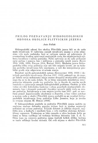 Prilog poznavanju hidrogeoloških odnosa okolice Plitvičkih jezera / A. Polšak