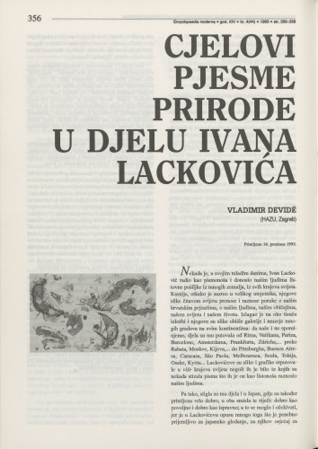 Cjelovi pjesme prirode u djelu Ivana Lackovića / Vladimir Devidé