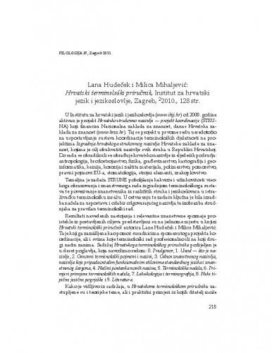 Lana Hudeček i Milica Mihaljević: Hrvatski terminološki priručnik, Institut za hrvatski jezik i jezikoslovlje, Zagreb, 2010 : [prikaz] / Kristian Lewis