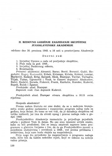II. redovito godišnje zasjedanje skupštine Jugoslavenske akademije : održano dne 30. prosinca 1948.