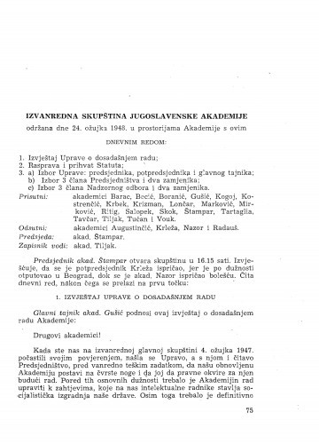 Izvanredna skupština Jugoslavenske akademije : održana dne 24. ožujka 1948.