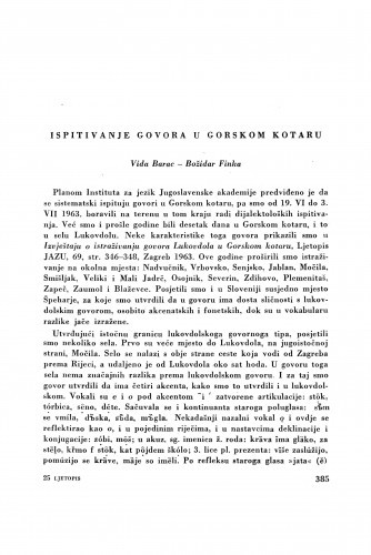 Ispitivanje govora u Gorskom kotaru / V. Barac i B. Finka