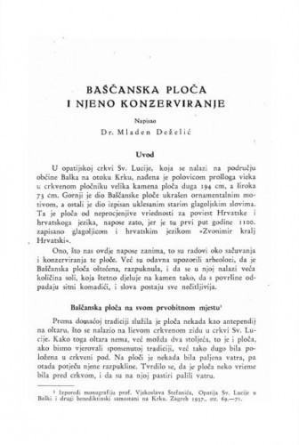 Baščanska ploča i njeno konzerviranje / Mladen Deželić