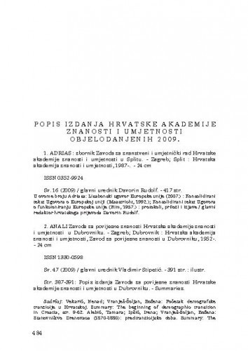 Popis izdanja Hrvatske akademije znanosti i umjetnosti objelodanjenih u godini 2009.
