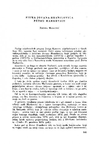 Pisma Jovana Hranilovića Petru Markoviću / [priredila] Zdenka Marković