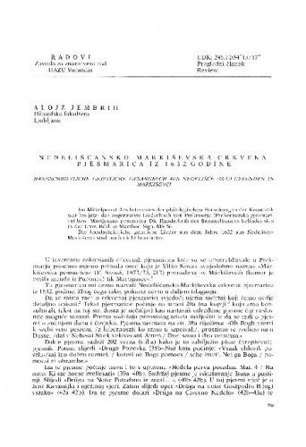 Nedelišćansko-Markiševska crkvena pjesmarica iz 1632. godine / Alojz Jembrih