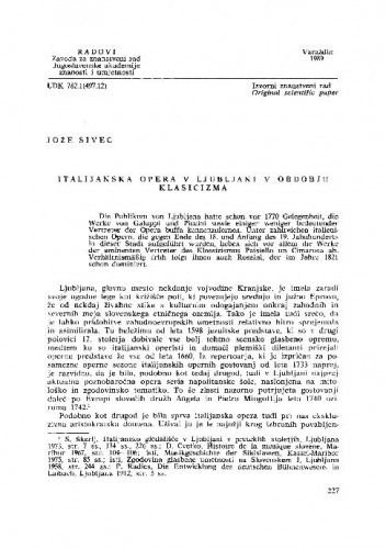 Italijanska opera v Ljubljani v obdobju klasicizma / Jože Sivec