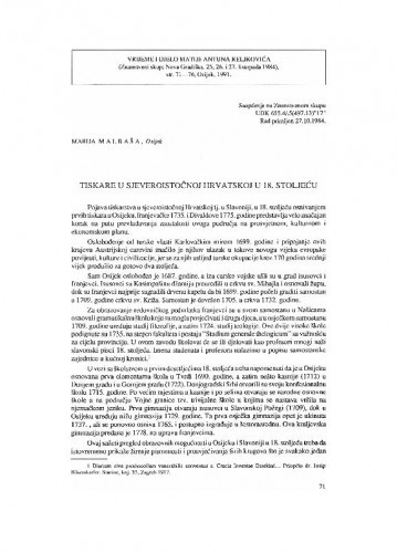 Tiskare u sjeveroistočnoj Hrvatskoj u 18. stoljeću / Marija Malbaša