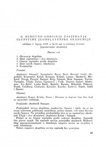 II. redovno godišnje zasjedanje skupštine Jugoslavenske akademije : održano 4. lipnja 1949.
