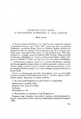 Istraživanje krša u zapadnom Žumberku u 1966. godini / M. Herak