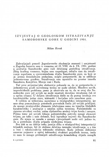 Izvještaj o geološkom istraživanju Samoborske gore u godini 1951. / M. Herak
