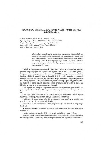 Pogoršanje rizika zbog postupka ili po pristanku osiguranika : [prikaz presude] / Vesna Skorupan