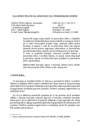 Založno pravo na koncesiji na pomorskom dobru / Zoran Tasić