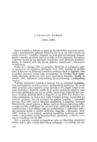 Ladislav Šaban (1918-1985) : [nekrolozi] / Ivan Supičić