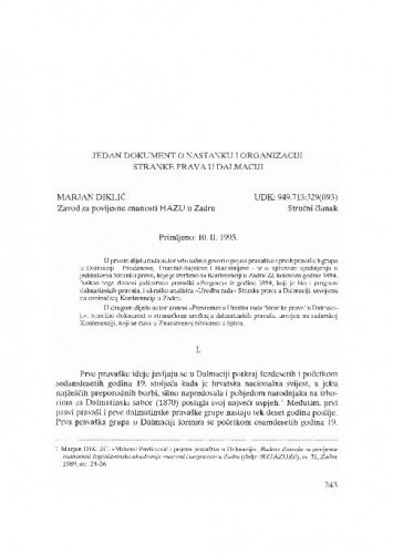 Jedan dokument o nastanku i organizaciji Stranke prava u Dalmaciji / Marjan Diklić