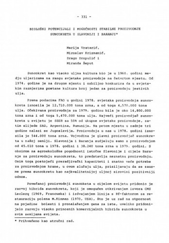 Biološki potencijali i mogućnosti stabilne proizvodnje suncokreta u Slavoniji i Baranji / Matuja Vratarić, Miroslav Krizmanić, Drago Dropulić, Miranda Šeput