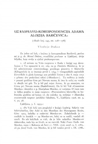 Uz raspravu Korespondencija Adama Alojzija Baričevića : (Rad knj. 243, str. 128-178) / V. Dukat