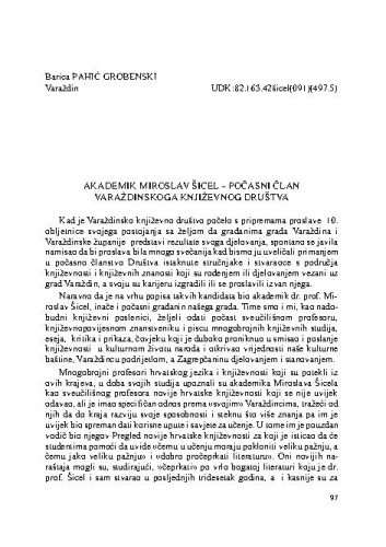Akademik Miroslav Šicel - počasni član Varaždinskoga književnog društva / Barica Pahić Grobenski