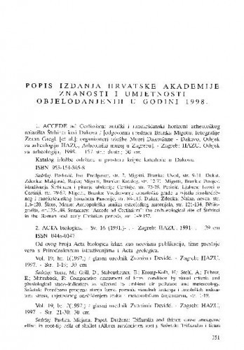 Popis izdanja Hrvatske akademije znanosti i umjetnosti objelodanjenih u godini 1998.