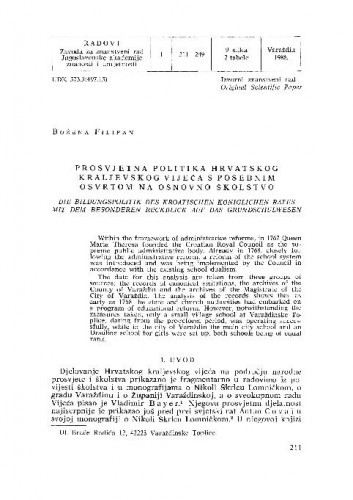 Prosvjetna politika Hrvatskog kraljevskog vijeća s posebnim osvrtom na osnovno školstvo / Božena Filipan