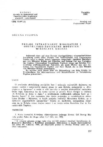 Prilog istraživanju biografije i obiteljsko-zavičajne motivike Miroslava Krleže / Božena Filipan