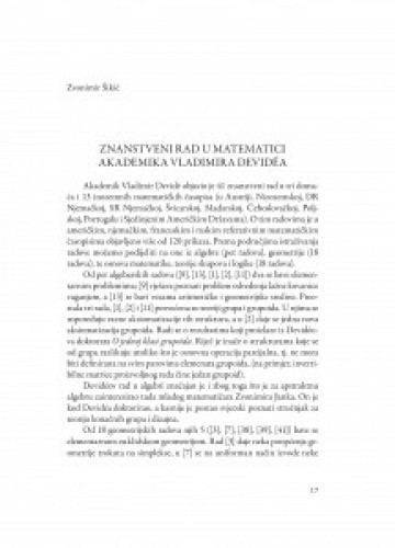 Znanstveni rad u matematici akademika Vladimira Devidéa / Zvonimir Šikić