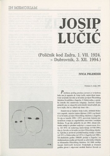 Josip Lučić (Poličnik kod Zadra, 1. VII. 1924. - Dubrovnik, 3. XII. 1994.) / Ivica Prlender