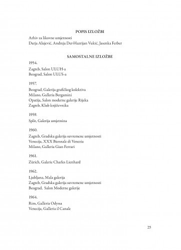 Popis izložbi / Darija Alujević, Andreja Der-Hazarijan Vukić, Jasenka Ferber Bogdan