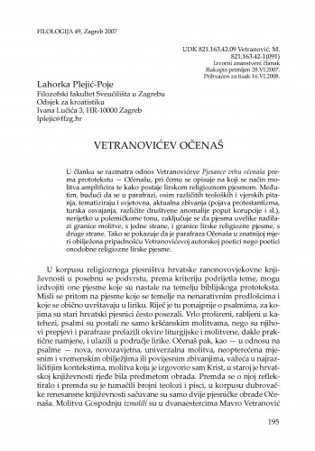 Vetranovićev Očenaš / Lahorka Plejić-Poje
