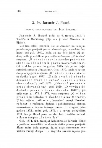 Dr. Jaromir J. Hanel : [nekrolog] / I. Strohal