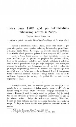 Lička buna 1702. god. po dokumentima mletačkog arhiva u Zadru / B. Desnica