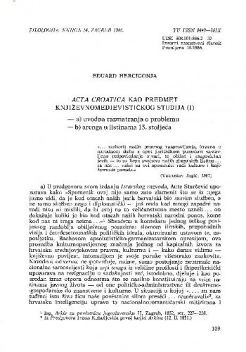Acta croatica kao predmet književnomedievističkog studija (I) / Eduard Hercigonja