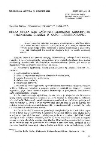 Della Bella kao začetnik moderne koncepcije rječničkog članka u našoj leksikografiji / Danko Šipka