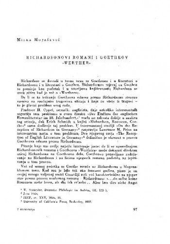 Richardsovi romani i Goetheov Werter / Milka Mojašević