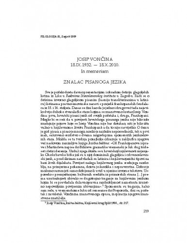 Znalac pisanoga jezika : Josip Vončina (1932.-2010.) : In memoriam / Milan Moguš