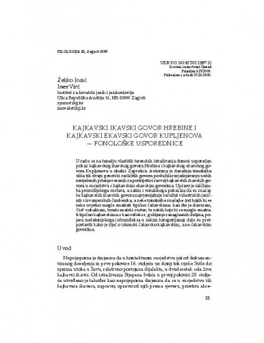 Kajkavski ikavski govor Hrebine i kajkavski ekavski govor Kupljenova - fonološke usporednice / Željko Jozić, Ines Virč
