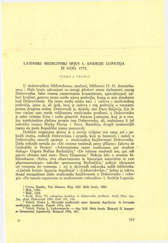 Latinski medicinski spjev I. Andrije Lupatija iz god. 1772. / Vinko J. Velnić