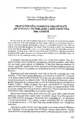 Pravni položaj podrtine oklopnjače ‘’Re d'Italia’’ potopljene u bitci kod Visa 1866. godine / Vladimir-Đuro Degan