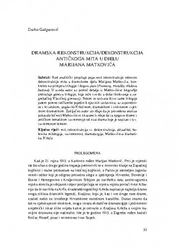 Dramska rekonstrukcija/dekonstrukcija antičkoga mita u djelu Marijana Matkovića / Darko Gašparović