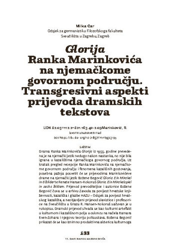 Glorija Ranka Marinkovića na njemačkome govornom području. Transgresivni aspekti prijevoda dramskih tekstova / Milka Car